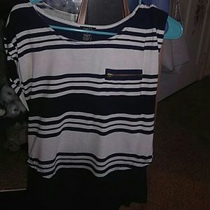 Navy blue and white high low shirt